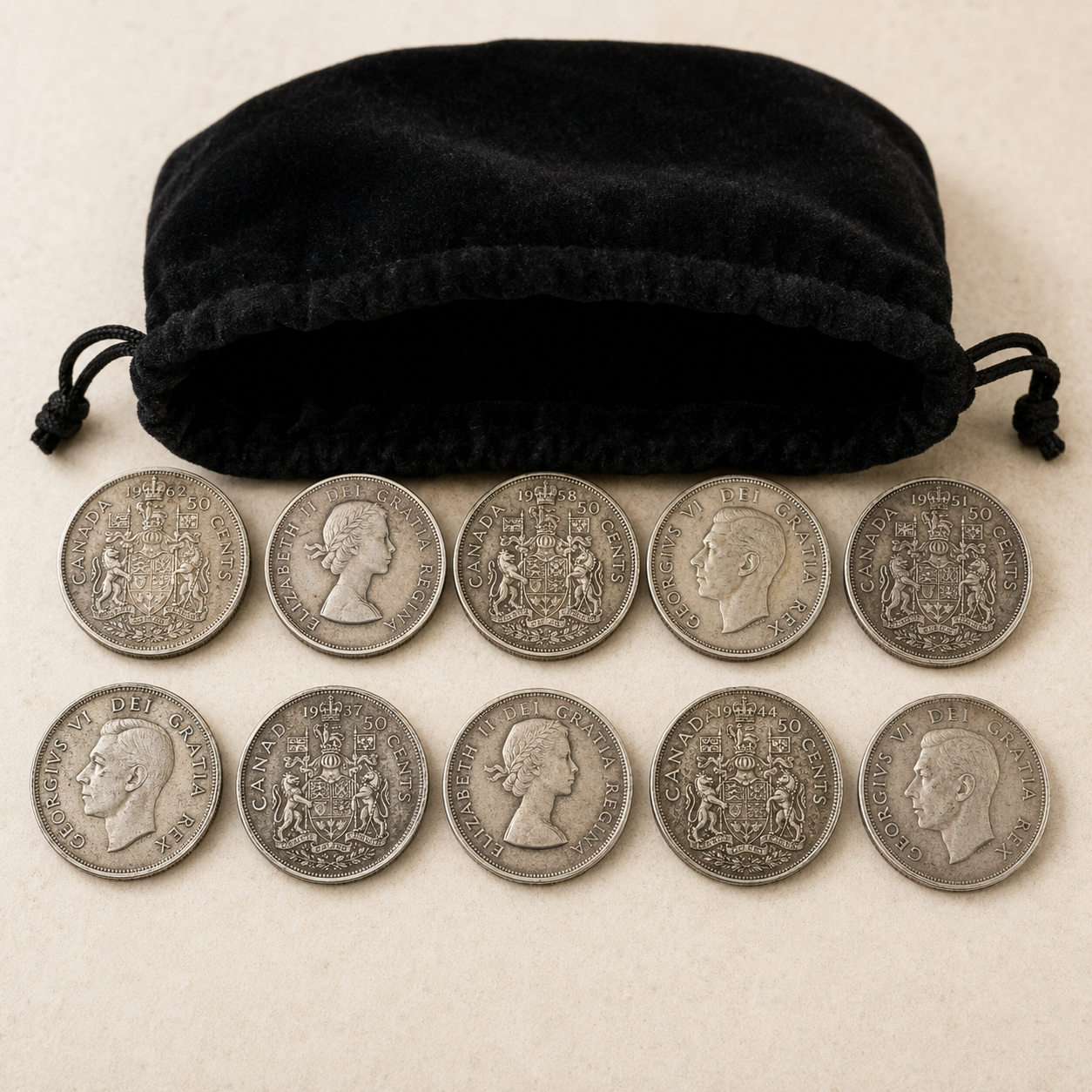 Canadian 80% Silver Half-Dollar Bundle – 10 Coins (1937–1966)