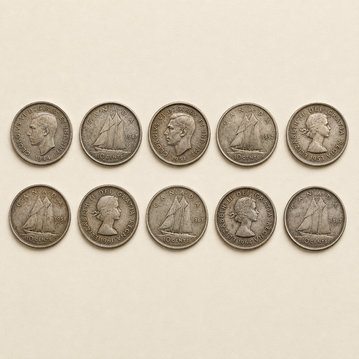 Canadian 80% Silver Dime Bundle – 10 Coins (1937–1966)