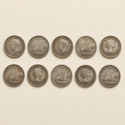 Canadian 80% Silver Dime Bundle – 10 Coins (1937–1966)