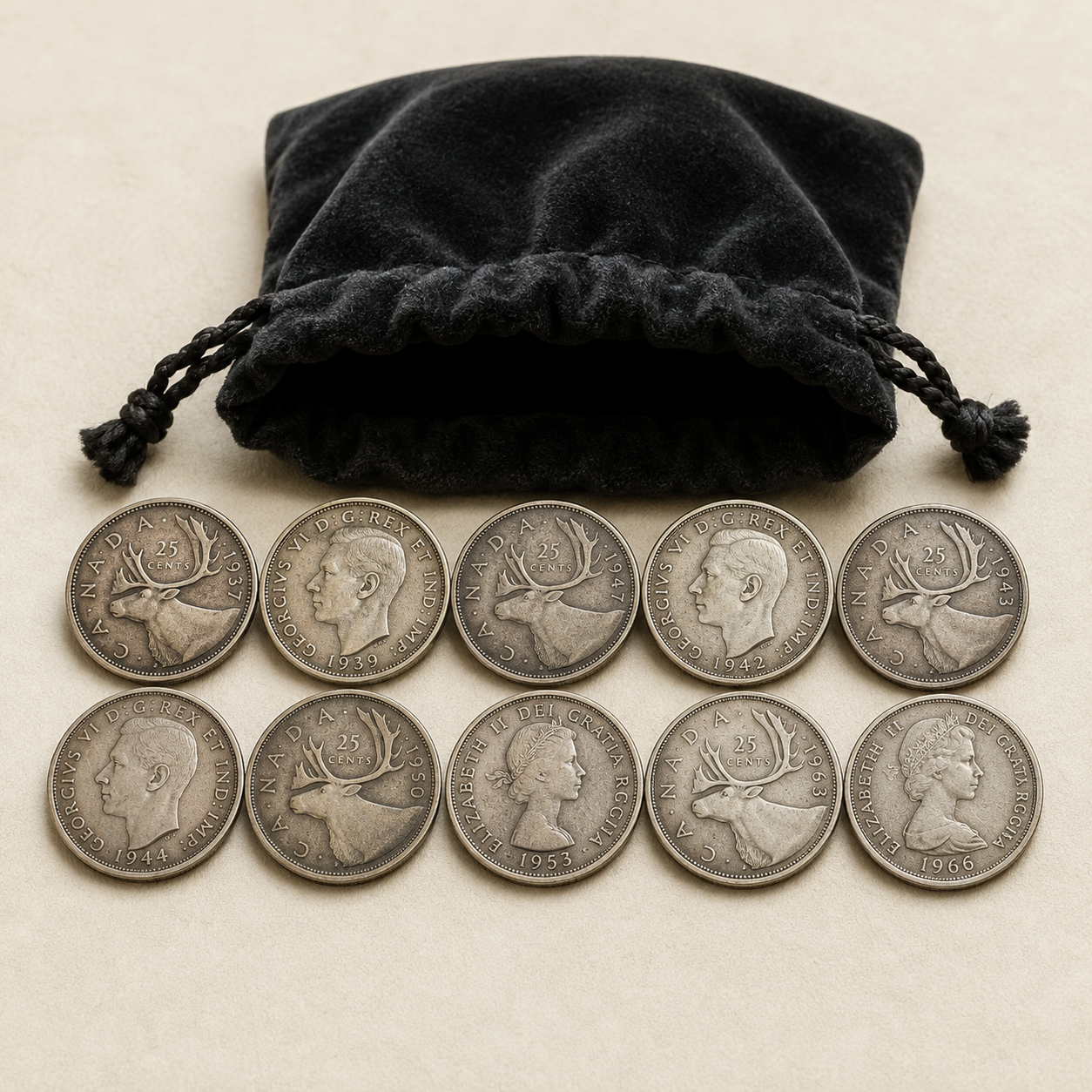Canadian 80% Silver Quarter Bundle – 10 Coins (1937–1966)