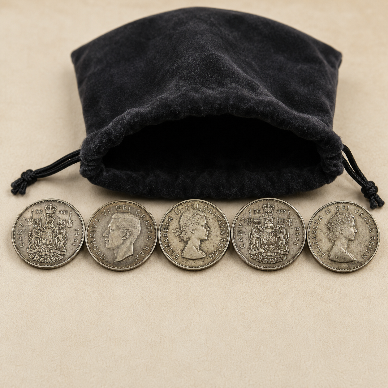 Canadian 80% Silver Half-Dollar Bundle – 5 Coins (1937–1966)